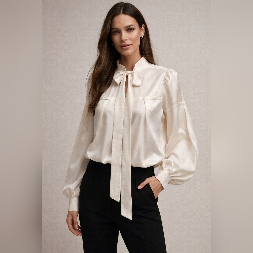 Diane von Furstenberg Cream Blouse Tie Neck Blouson Sleeves - 10